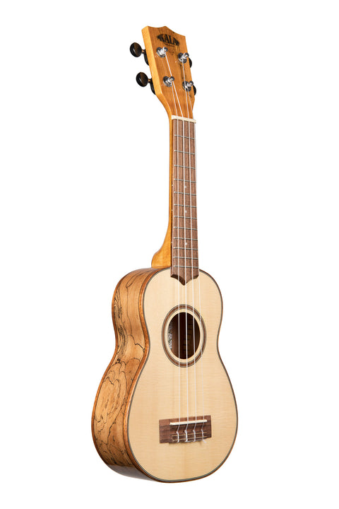 A Solid Spruce Flame Maple Soprano shown at a right angle