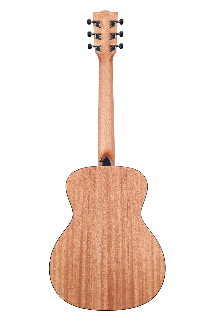 A Solid Cedar Top Mahogany Orchestra Mini Guitar shown at a back angle