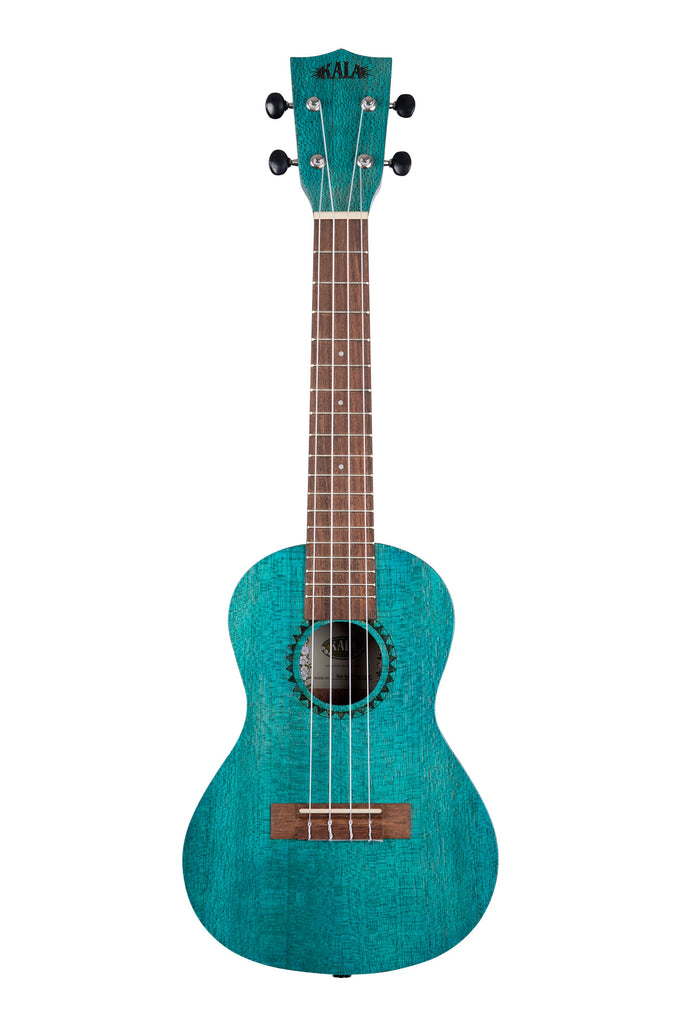 A Ocean Blue Watercolor Meranti Concert Ukulele shown at a front angle
