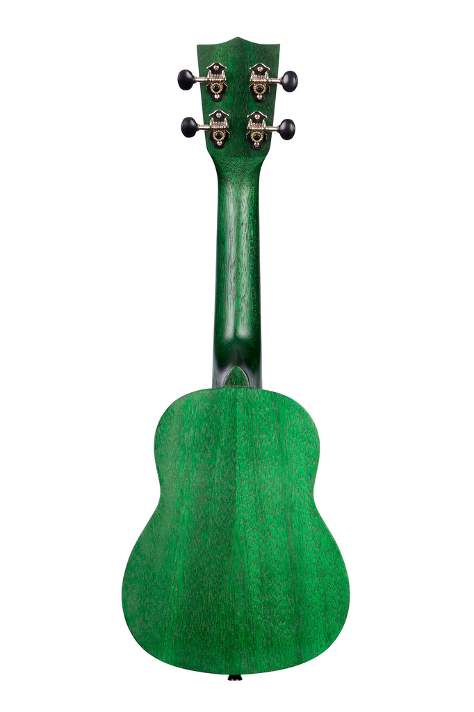 A Fern Green Watercolor Meranti Soprano Ukulele shown at a back angle