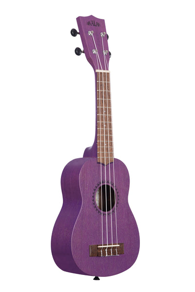 A Royal Purple Watercolor Meranti Soprano Ukulele shown at a right angle