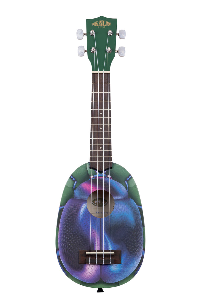 A Blue Beetle Soprano Ukulele shown at a front angle