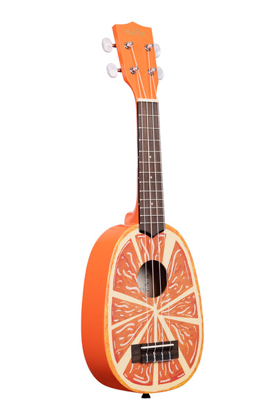 A Orange Soprano Ukulele shown at a right angle