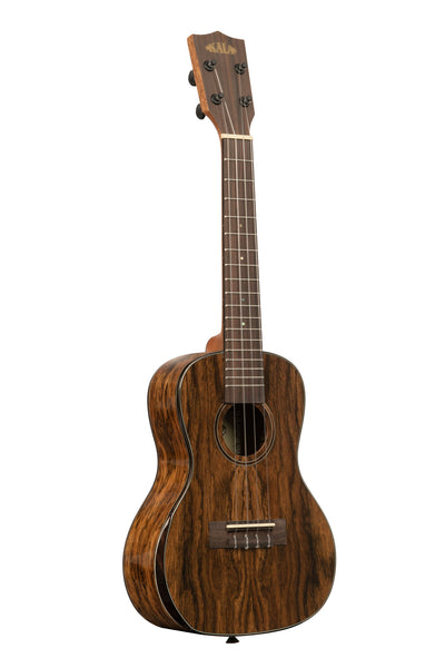 A Premier Exotic Bocote Concert Ukulele shown at a right angle