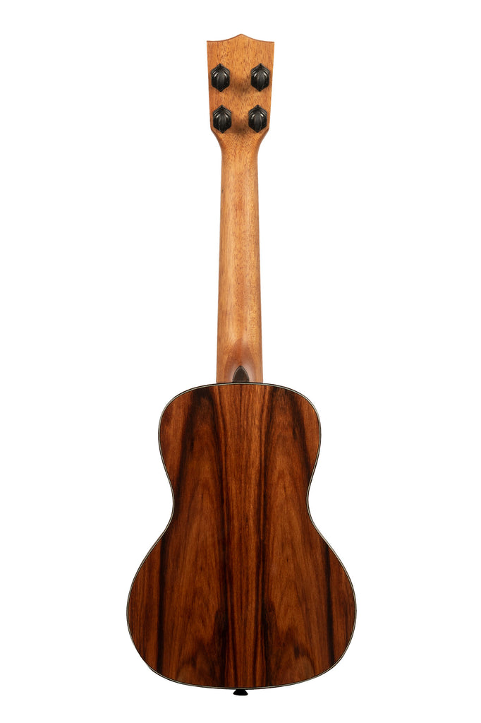 A Premier Exotic Macawood Concert Ukulele shown at a back angle