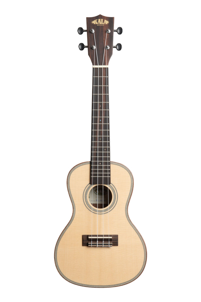 A Solid Spruce Top Striped Ebony Concert Ukulele shown at a front angle