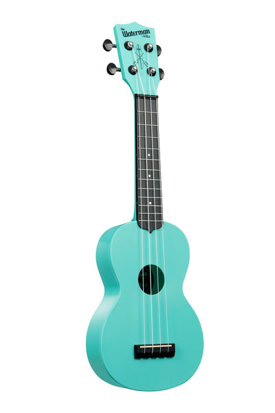 A Aqua Mist Glow-in-the-Dark Soprano Waterman shown at a right angle