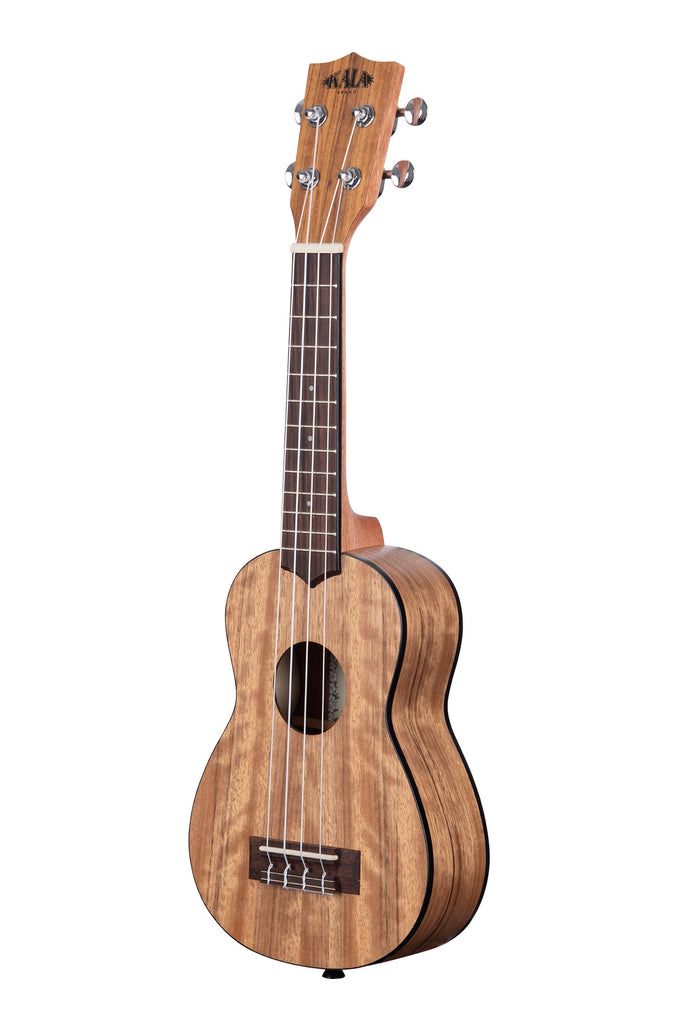 A Pacific Walnut Soprano Ukulele shown at a left angle