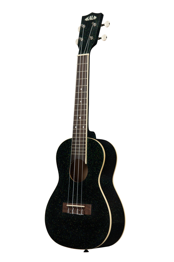 A Galaxy Black Sparkle Concert Ukulele shown at a left angle