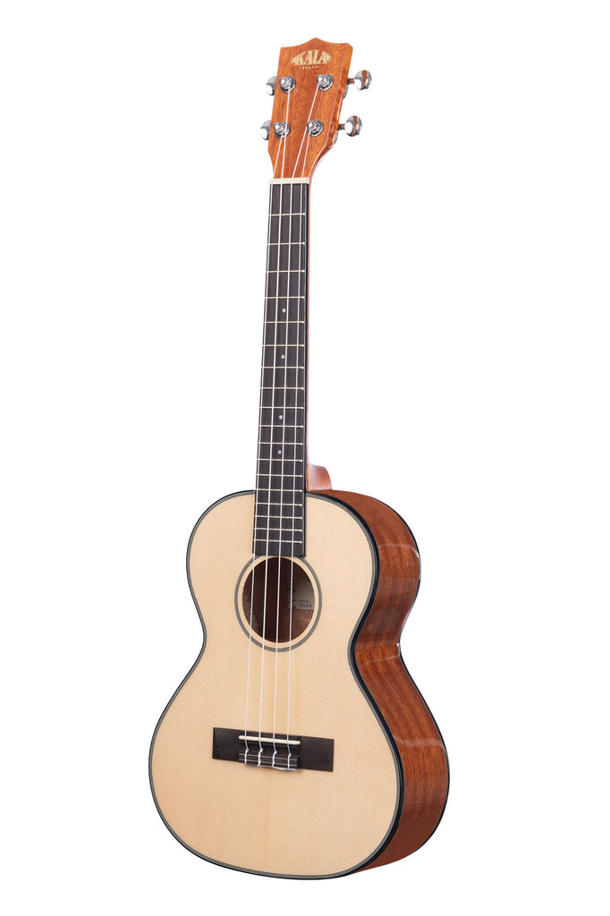 A Solid Spruce Top Mahogany Tenor Ukulele shown at a left angle